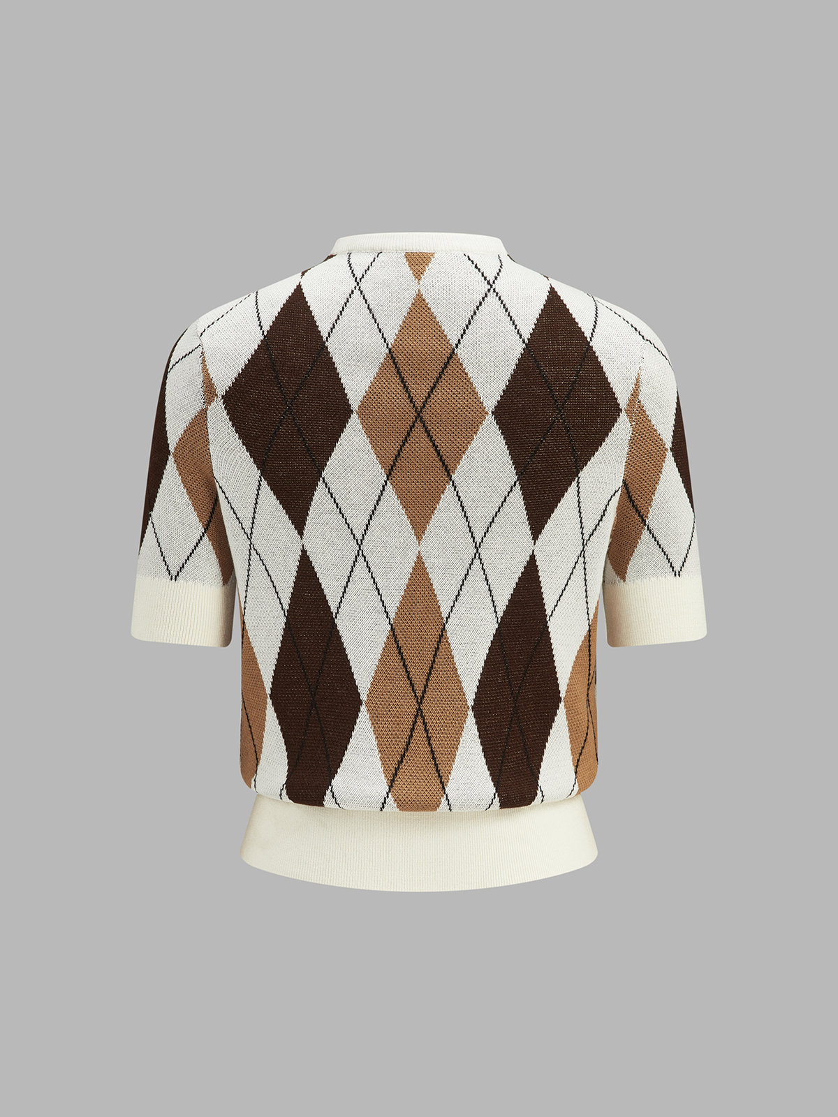 Chic Color-Block Argyle Knit Sweater with Short Sleeves