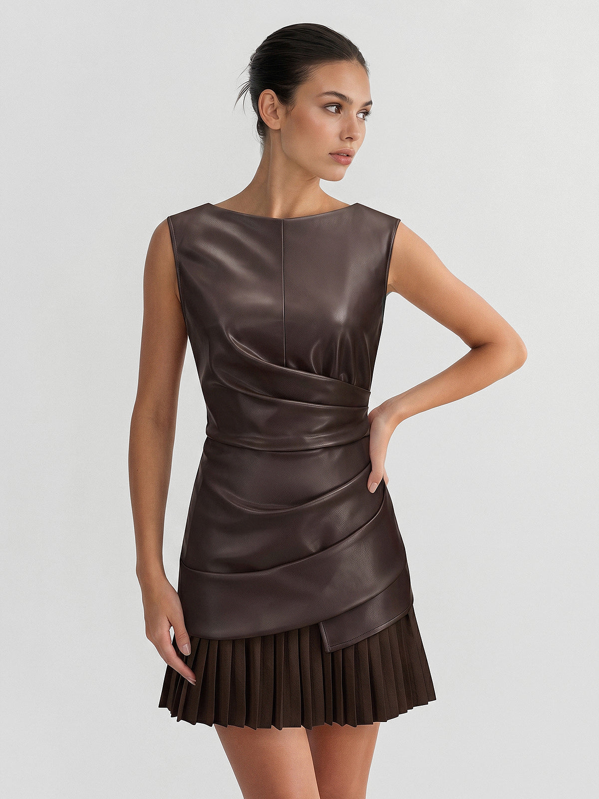 Pleated Mini Dress in Luxe Faux Leather
