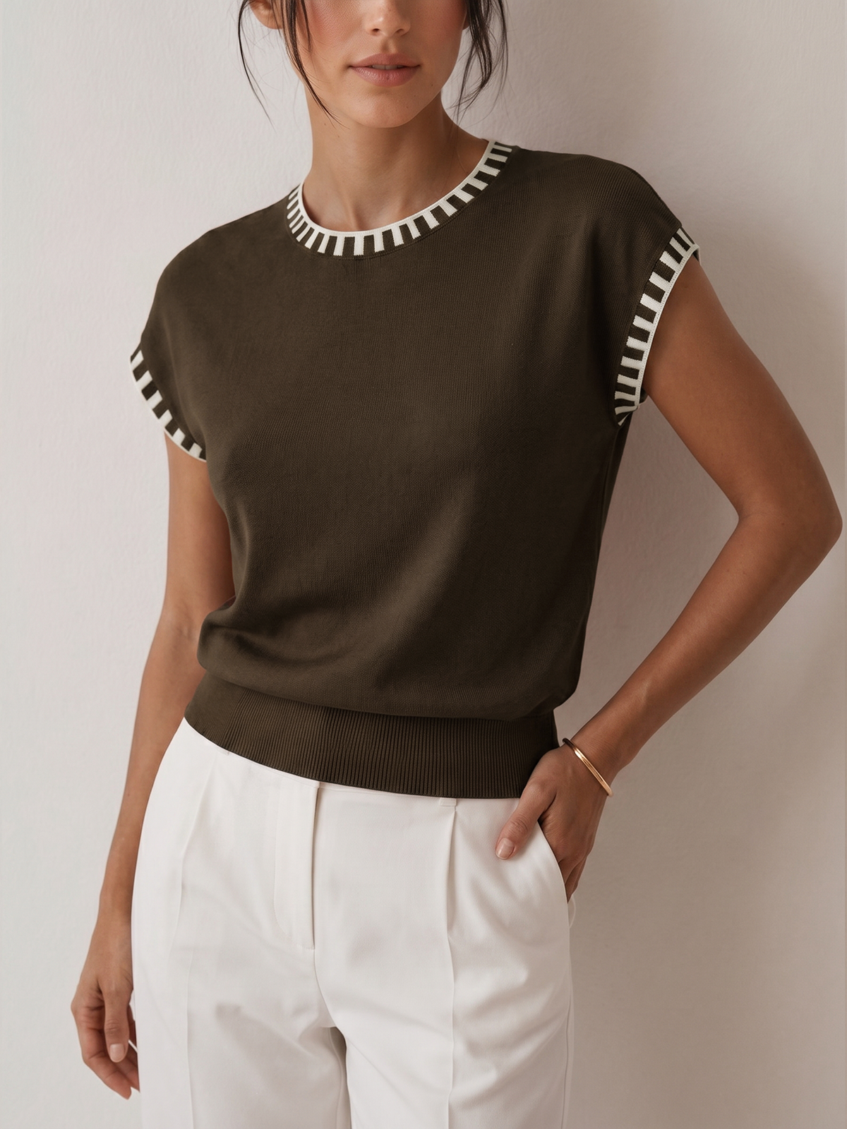 Cap Sleeve Knit Top with Contrast Trim