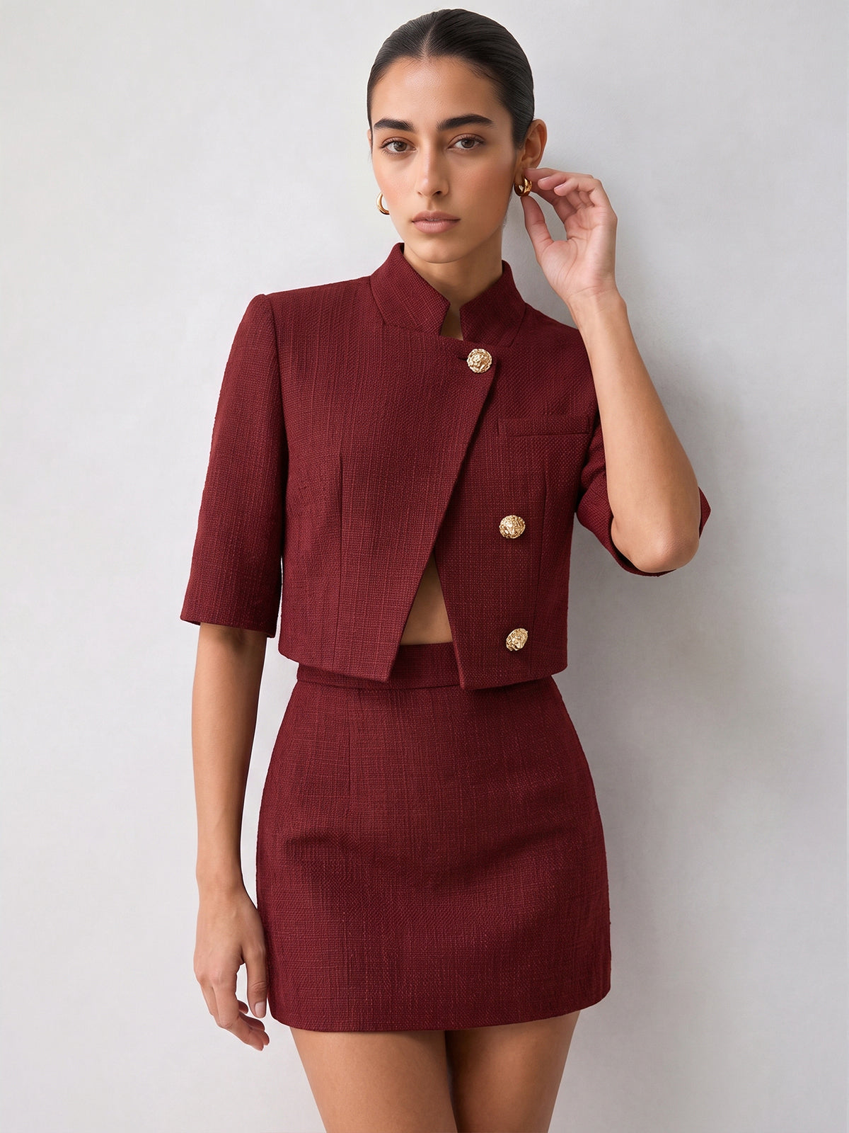 Tailored Stand Collar Blazer with Metal Button Accents