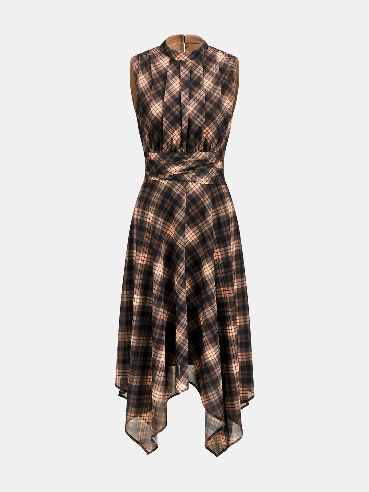Asymmetric Chiffon Dress with Plaid Print and Sleeveless Design