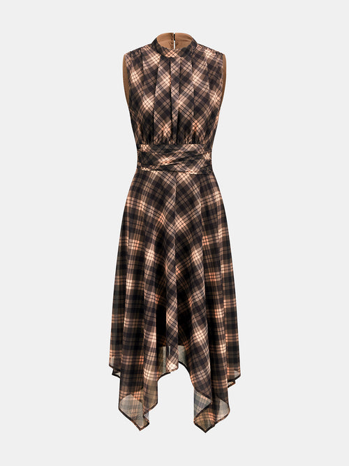Asymmetric Chiffon Dress with Plaid Print and Sleeveless Design