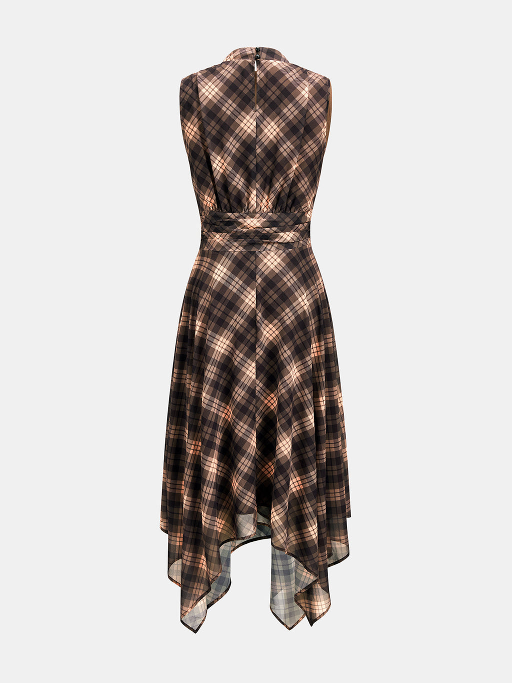 Asymmetric Chiffon Dress with Plaid Print and Sleeveless Design