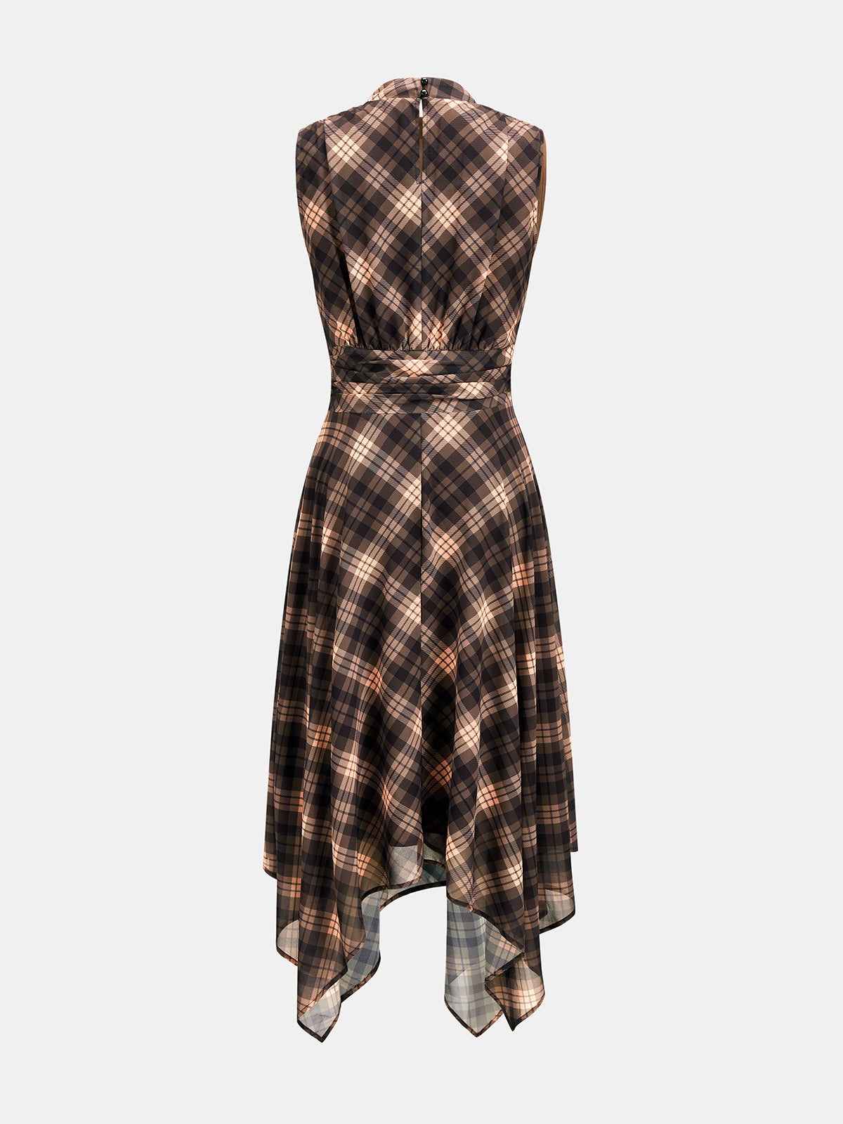 Asymmetric Chiffon Dress with Plaid Print and Sleeveless Design