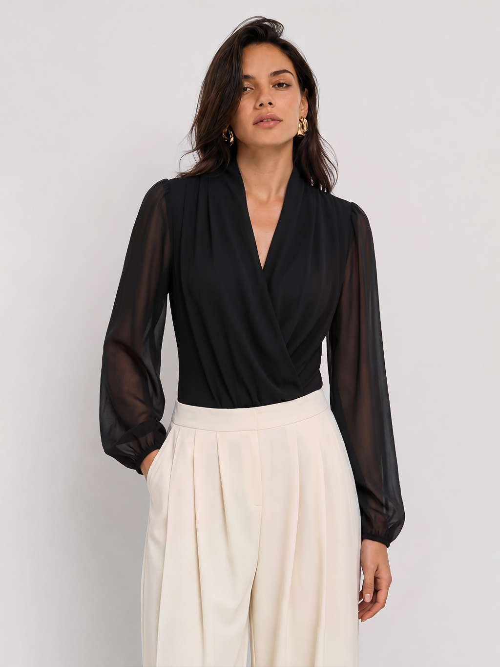 Sheer Sleeve Wrap V-Neck Bodysuit