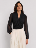 Sheer Sleeve Wrap V-Neck Bodysuit