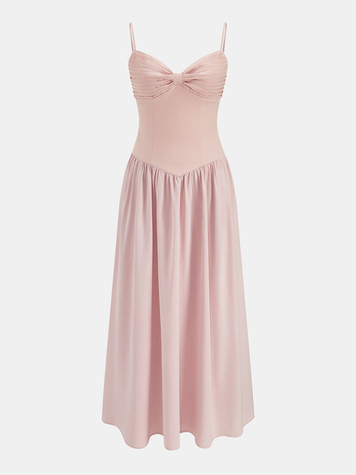 Chic Bow-Detail Pleated Maxi Dress with Flowing Silhouette