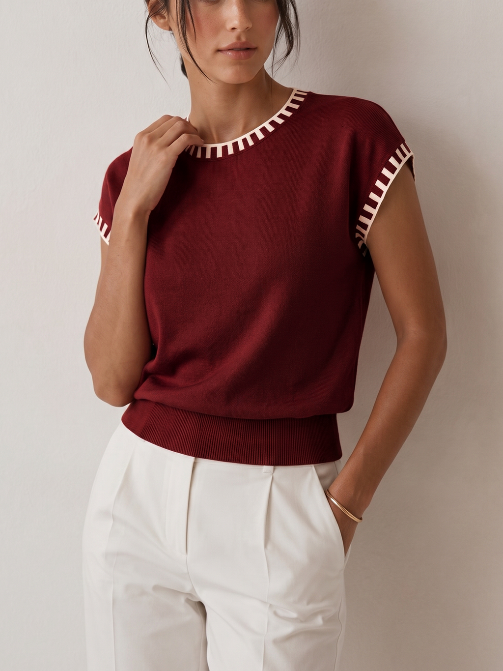 Cap Sleeve Knit Top with Contrast Trim