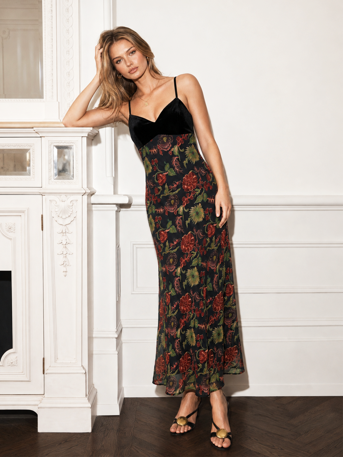Floral Velvet Maxi Dress with Slip Design