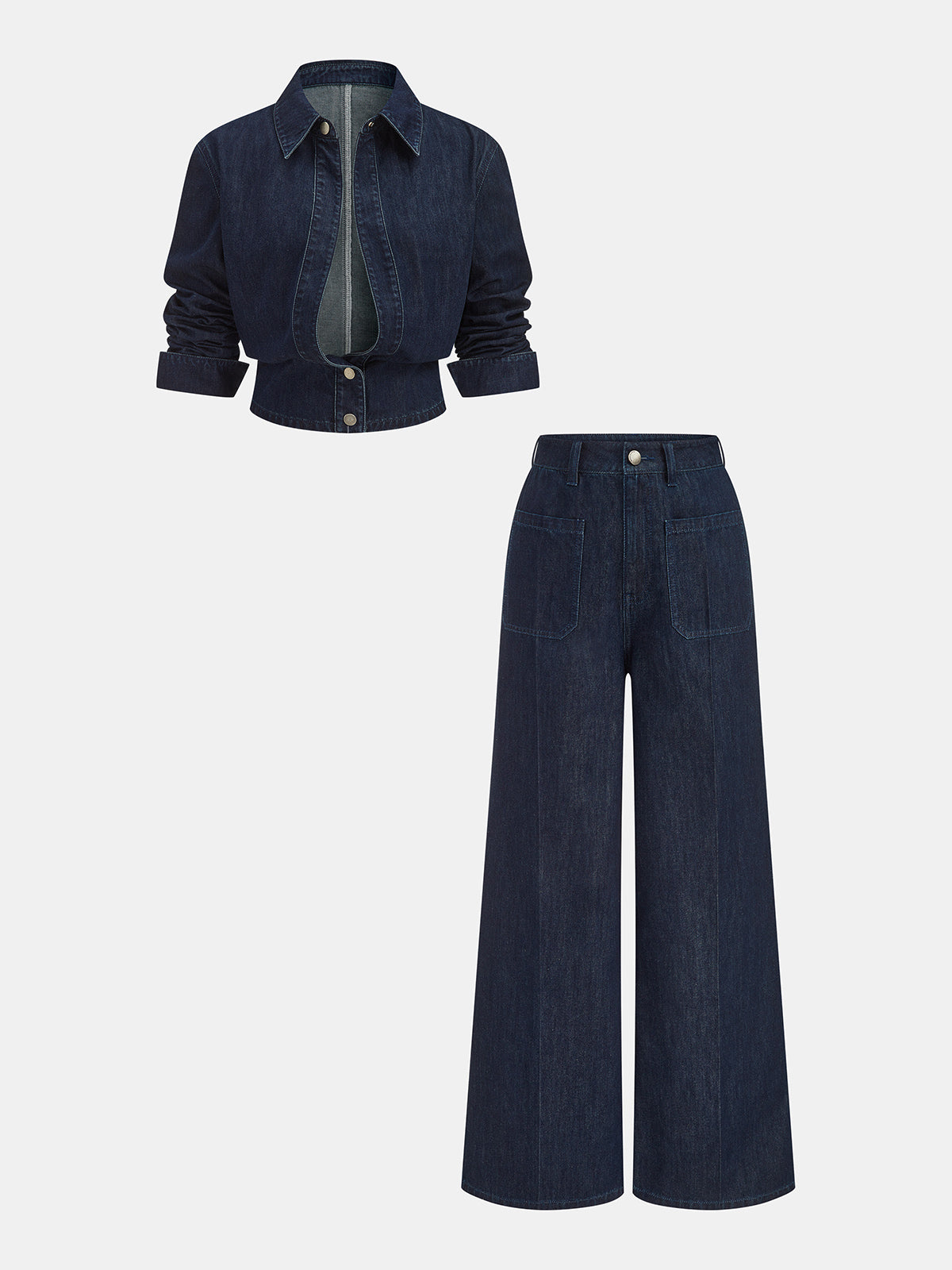 Cropped Denim Shirt with Wide-Leg Jeans Ensemble