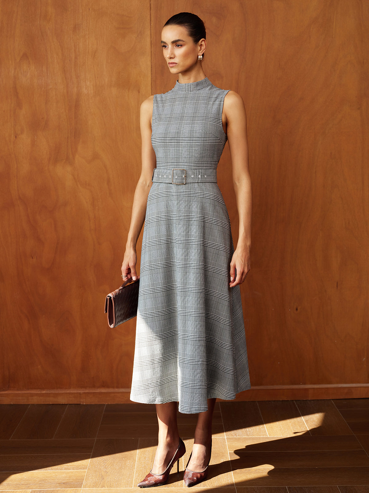 Belted Maxi Dress with Stand Collar and Plaid Pattern