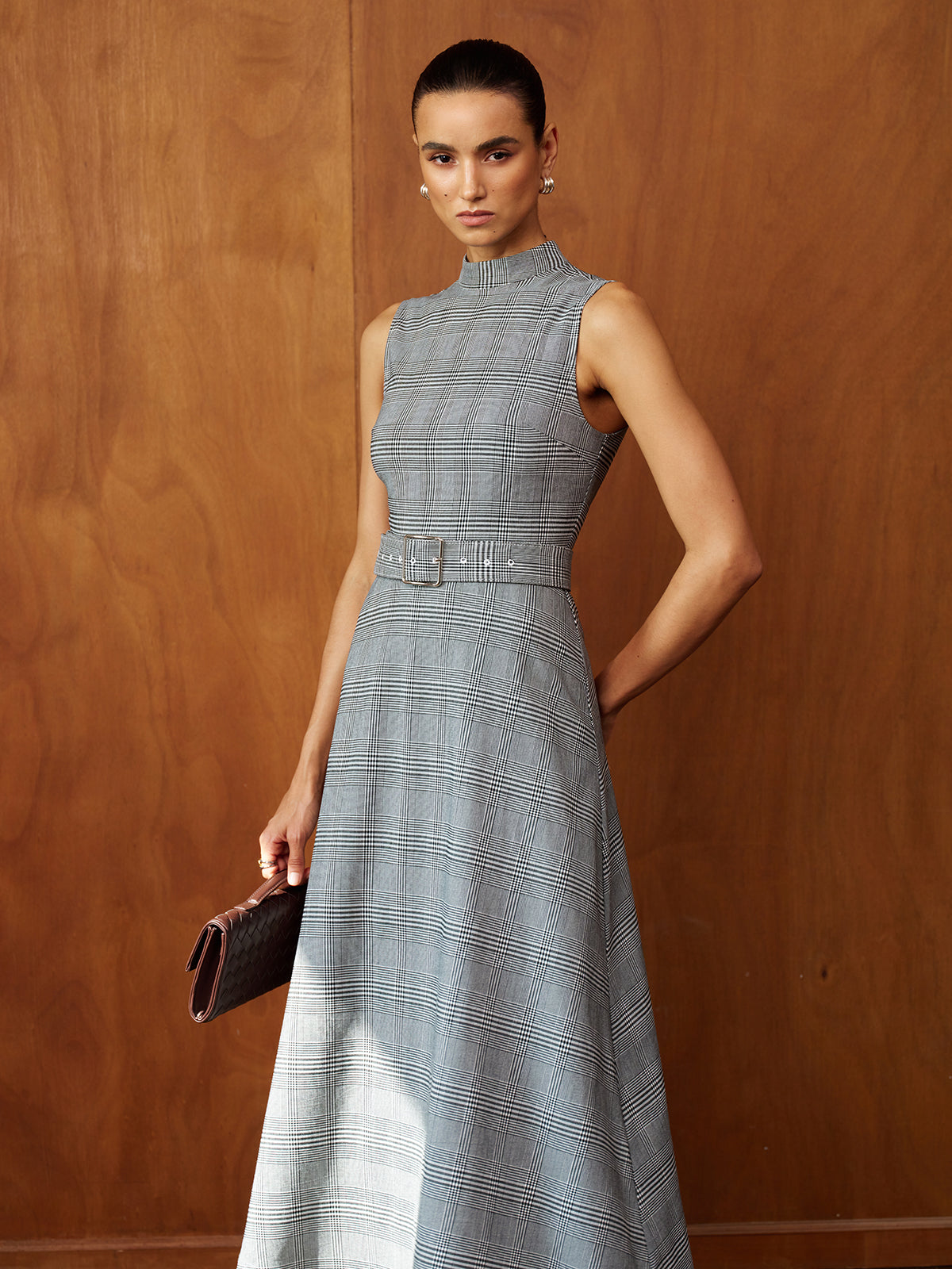 Belted Maxi Dress with Stand Collar and Plaid Pattern