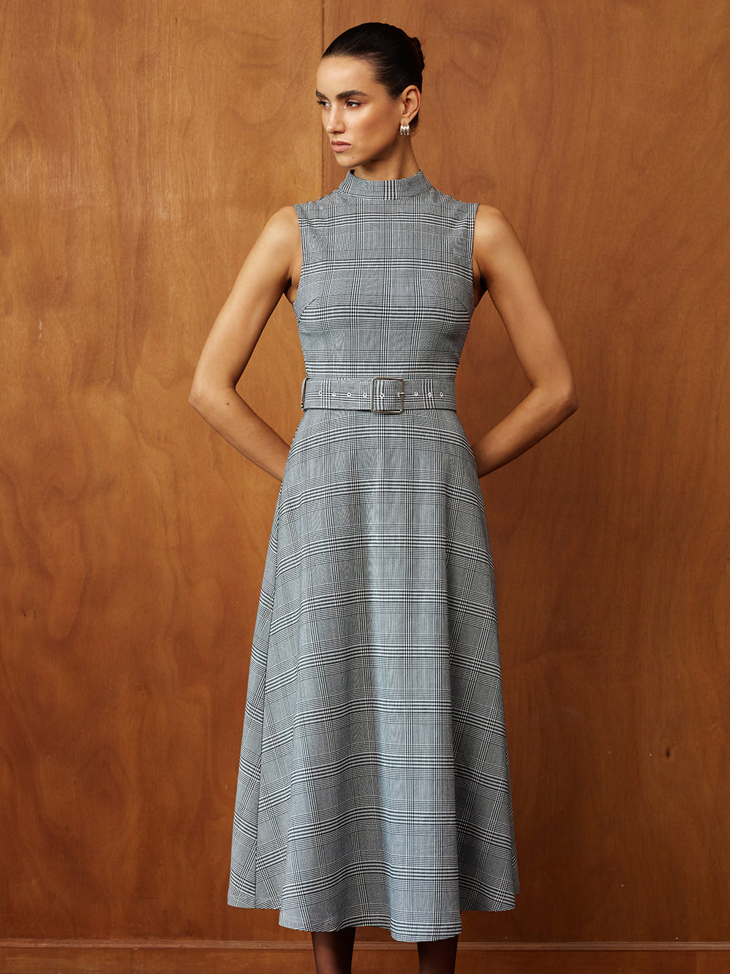 Belted Maxi Dress with Stand Collar and Plaid Pattern