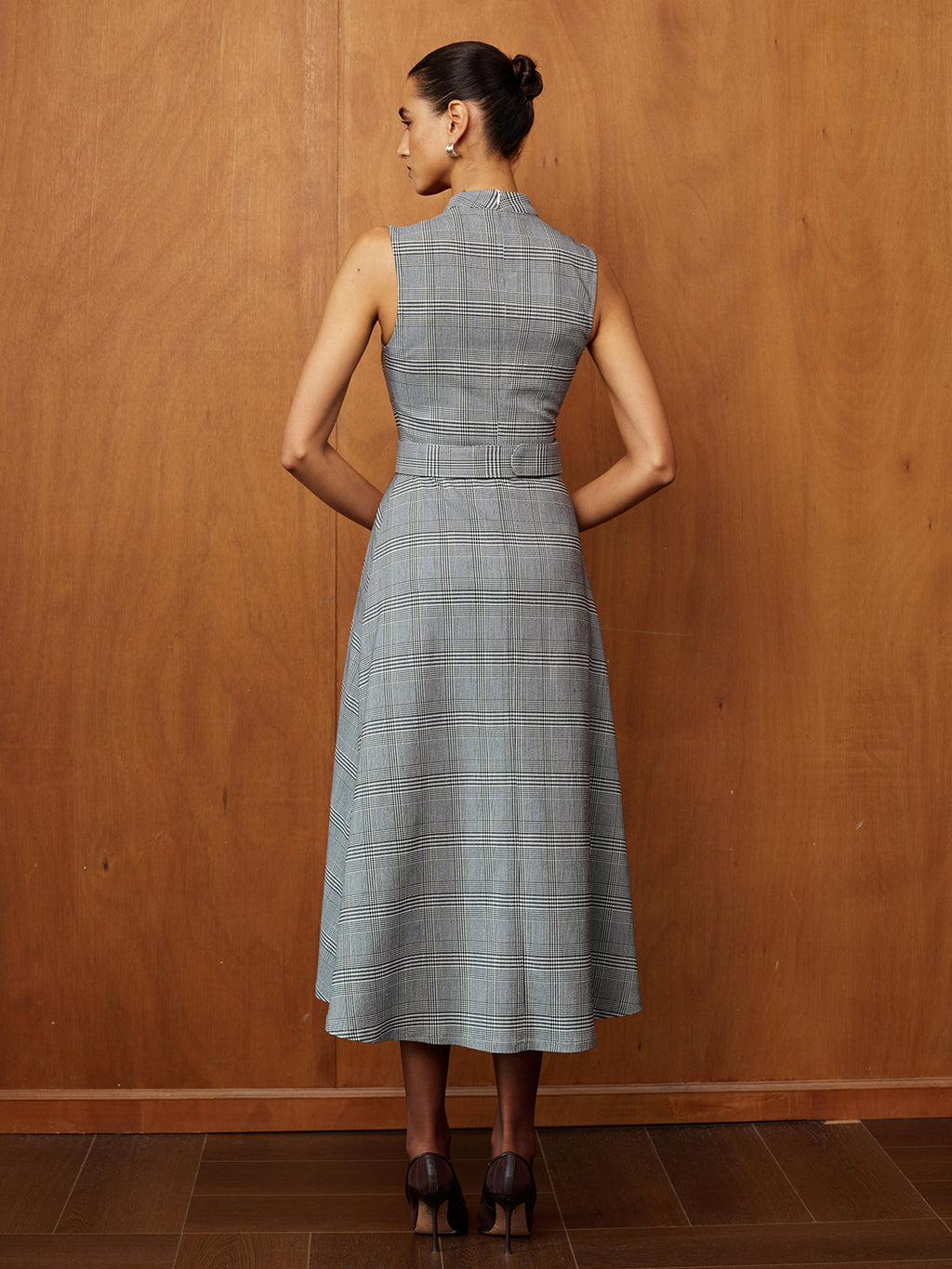 Belted Maxi Dress with Stand Collar and Plaid Pattern