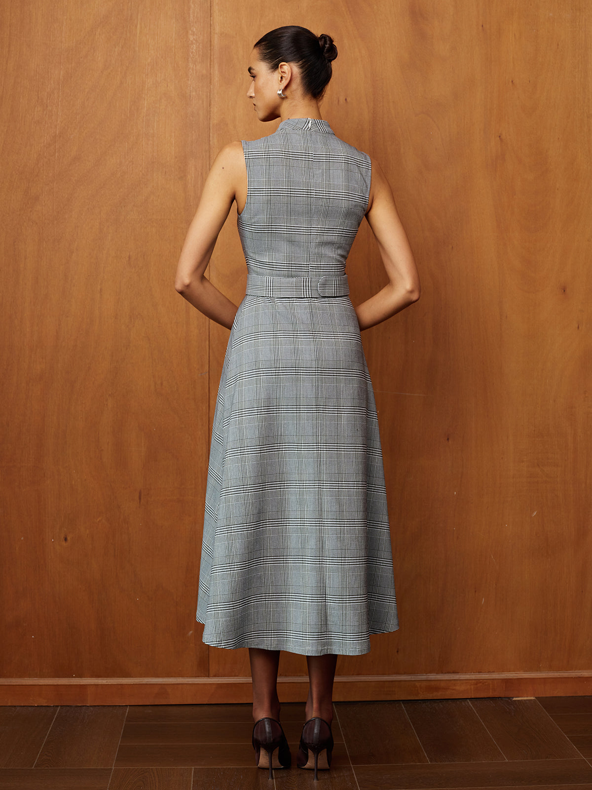 Belted Maxi Dress with Stand Collar and Plaid Pattern