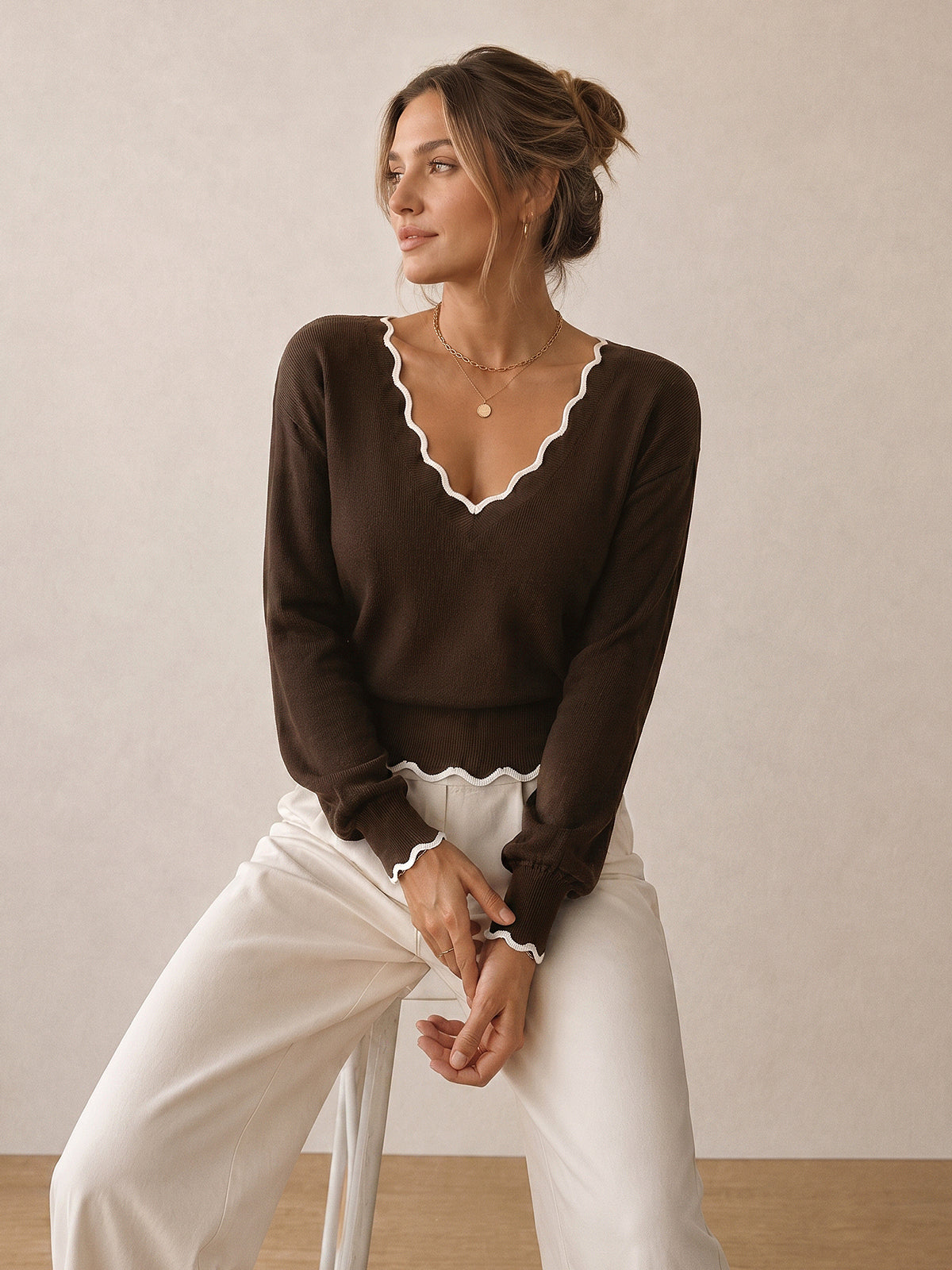 Scalloped Edge Wool Blend Knit Sweater