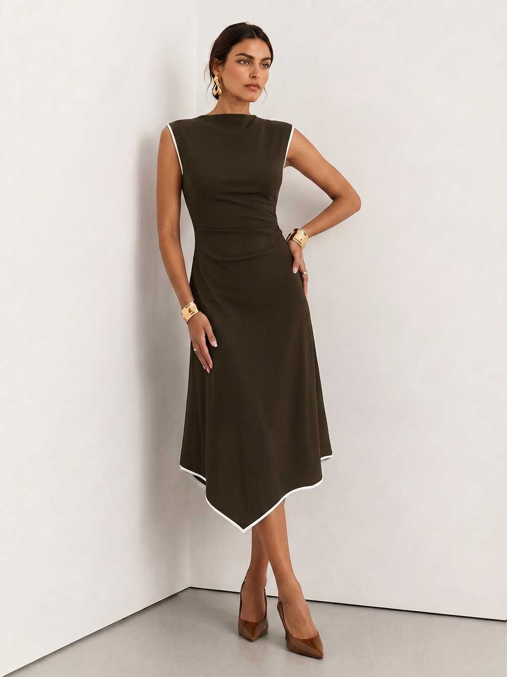 Asymmetrical Hem Sleeveless Dress with Contrast Trim