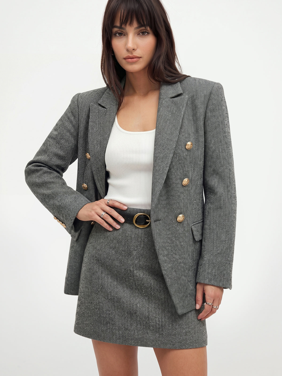 Herringbone Patterned Double-Breasted Wool Blend Blazer