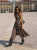 Asymmetric Chiffon Dress with Plaid Print and Sleeveless Design
