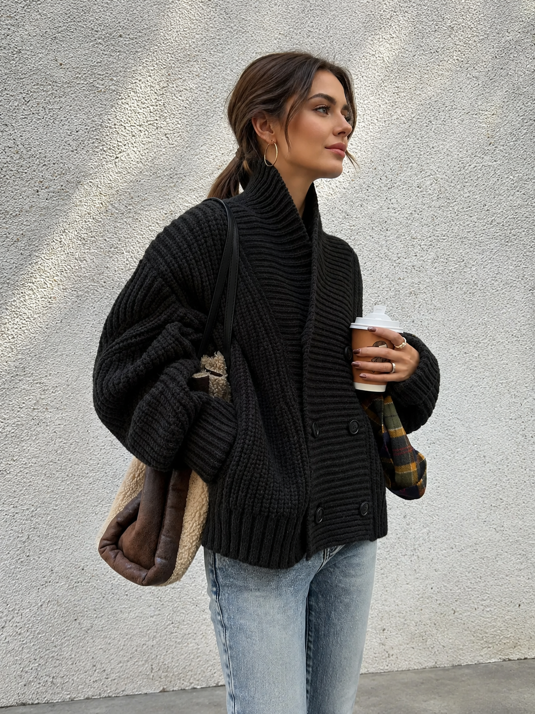Chic Ribbed Knit Jacket with Lapel and Button Closure