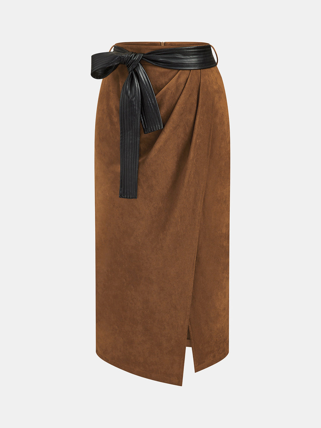 Belted Suede Effect Midi Skirt with Wrap Detail