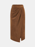 Belted Suede Effect Midi Skirt with Wrap Detail
