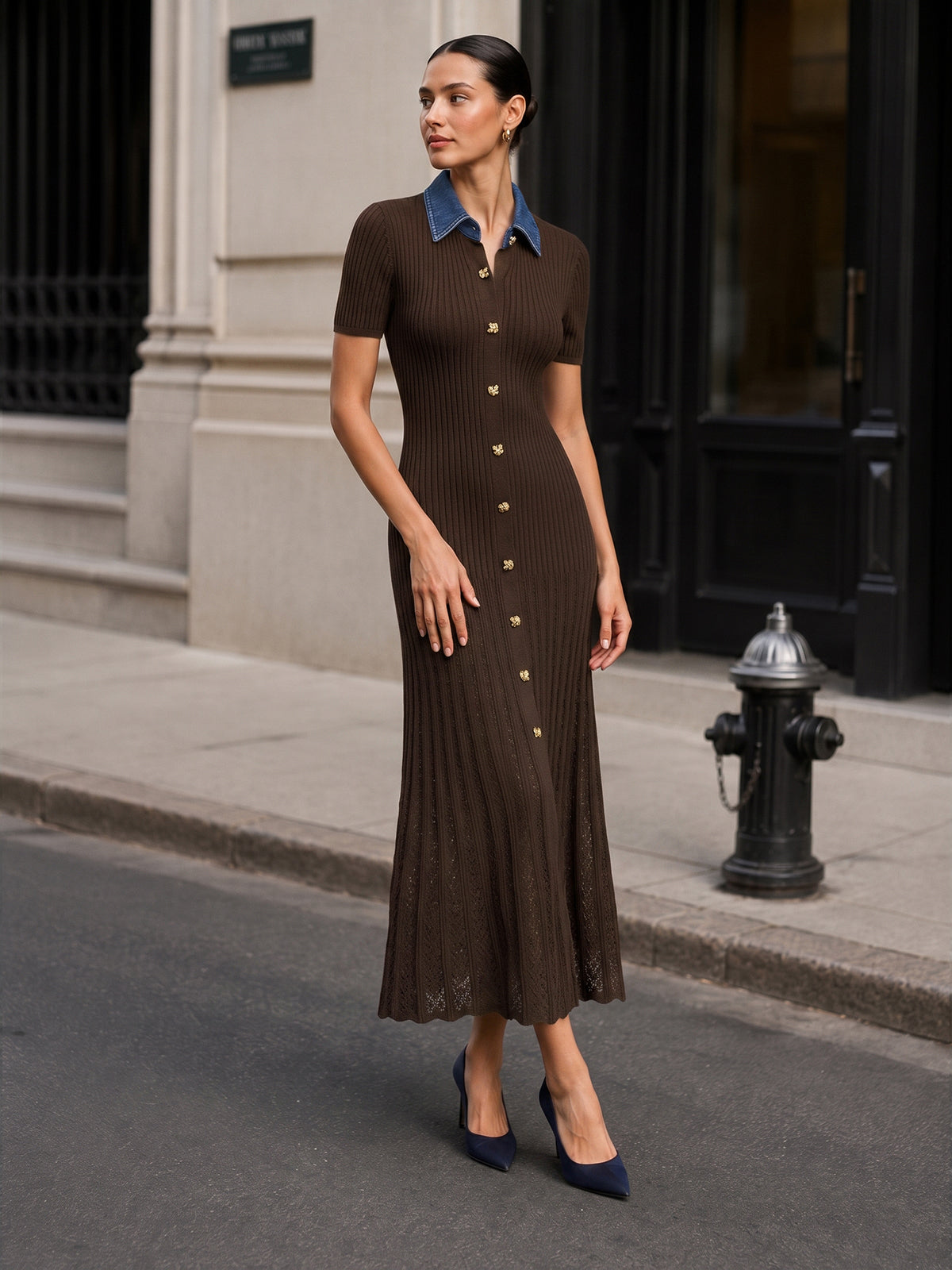 Ribbed Knit Maxi Dress with Denim Collar