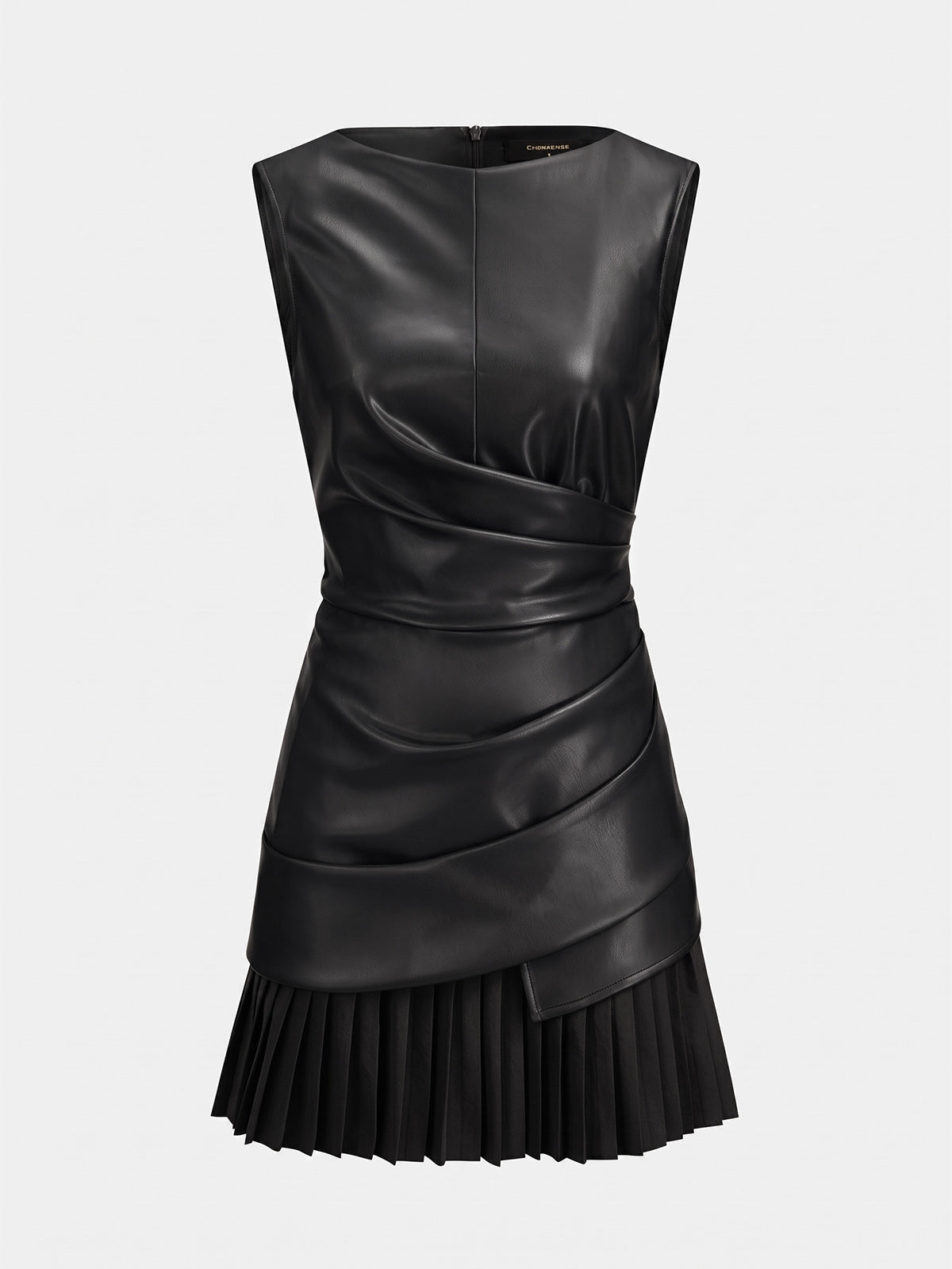 Pleated Mini Dress in Luxe Faux Leather