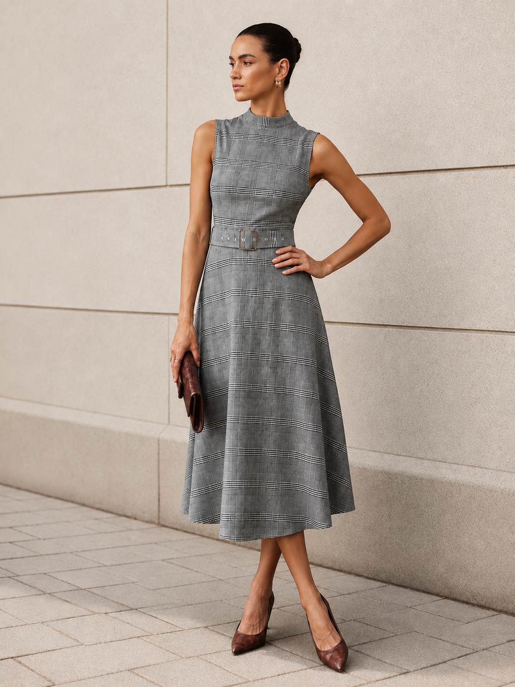 Belted Maxi Dress with Stand Collar and Plaid Pattern