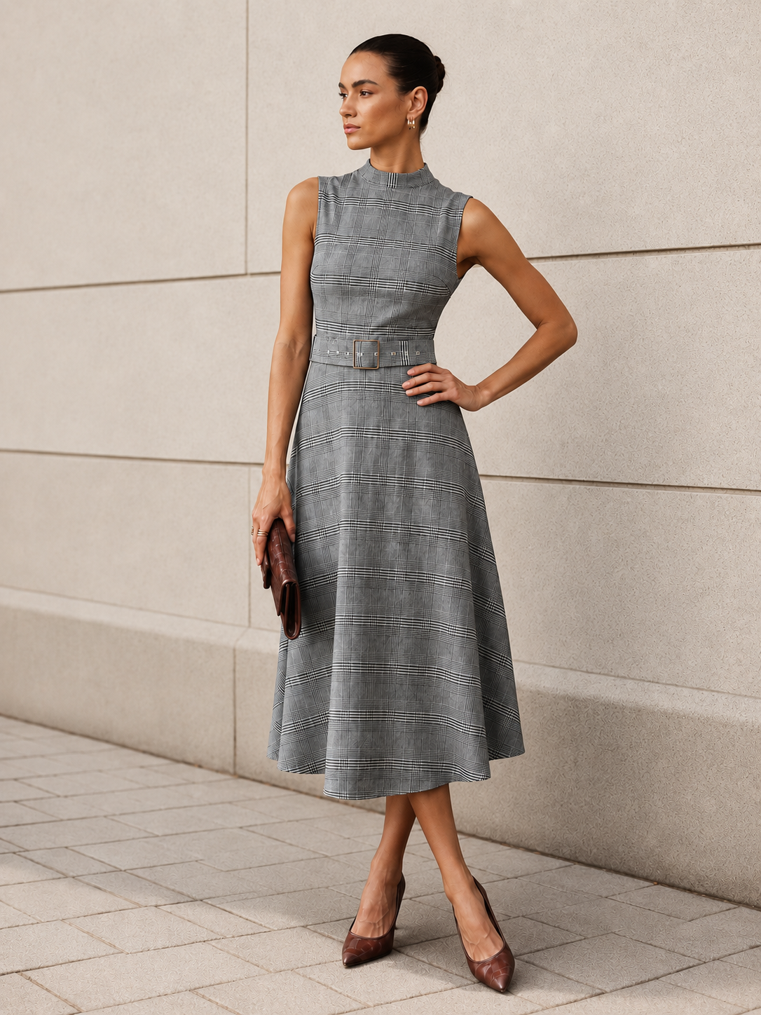 Belted Maxi Dress with Stand Collar and Plaid Pattern
