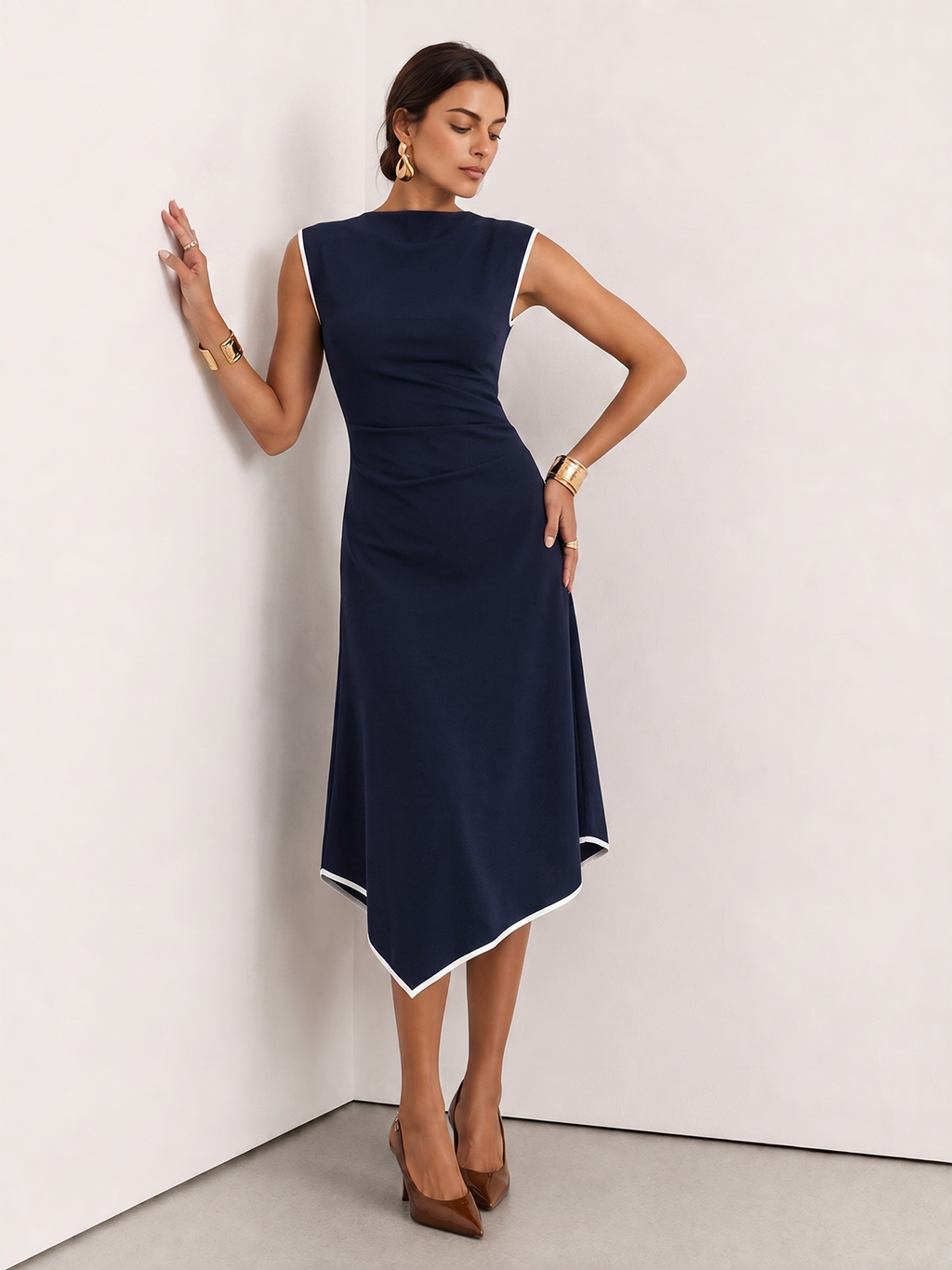 Asymmetrical Hem Sleeveless Dress with Contrast Trim