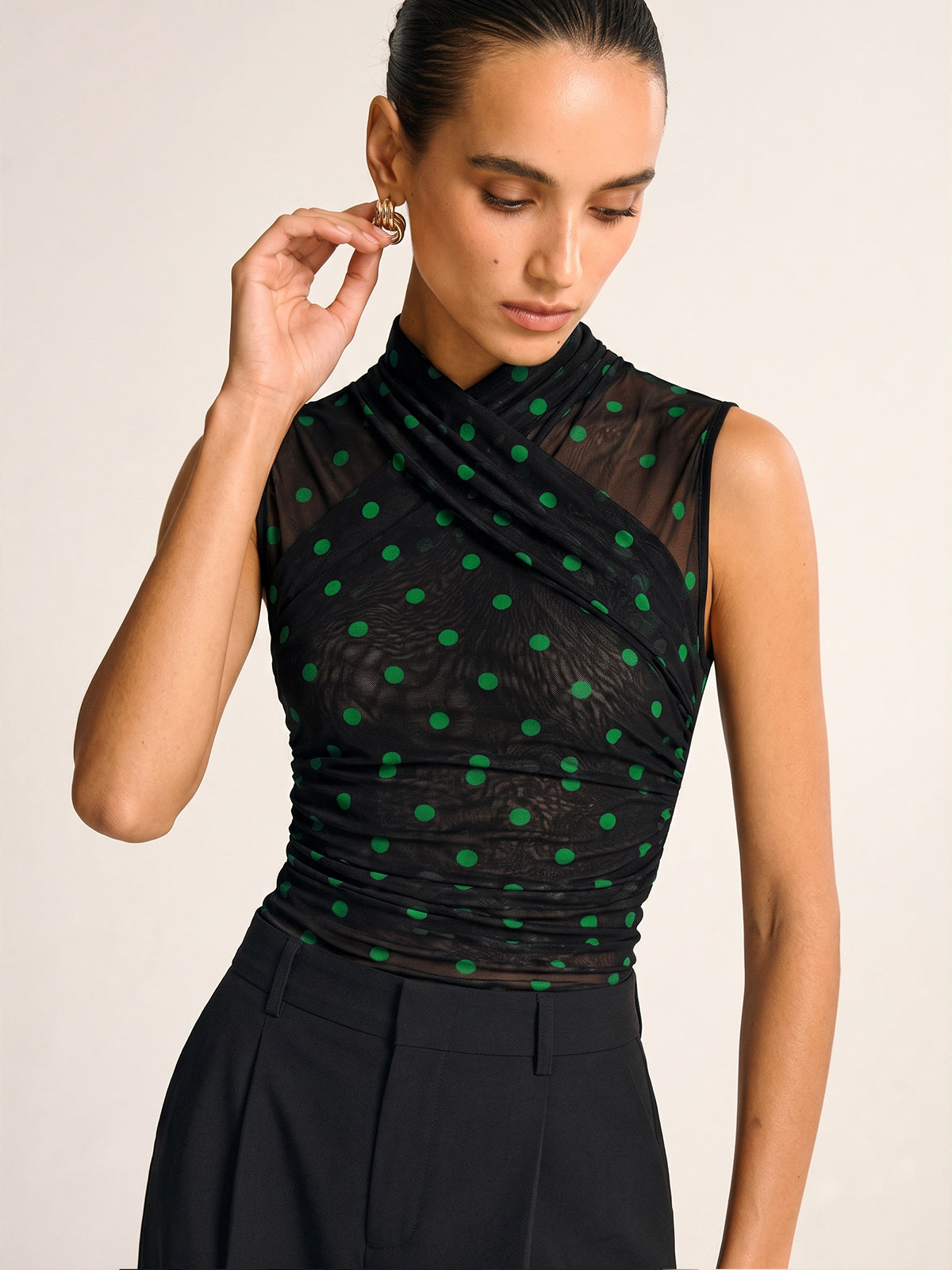 Ruched Mesh Top with Polka Dot Print and Sleeveless Design