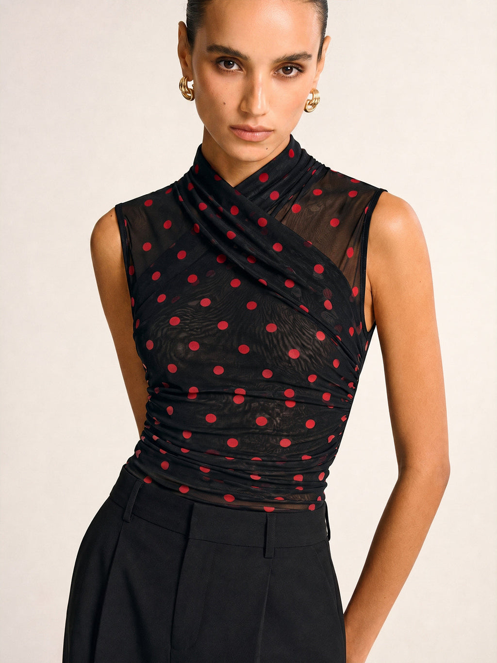 Ruched Mesh Top with Polka Dot Print and Sleeveless Design