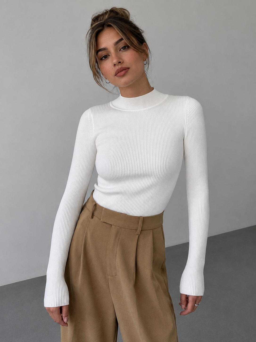 Ribbed Mock Neck Long Sleeve Knit Top