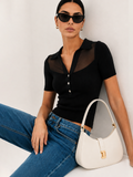 Sheer Panel Knit Top with Polo Collar