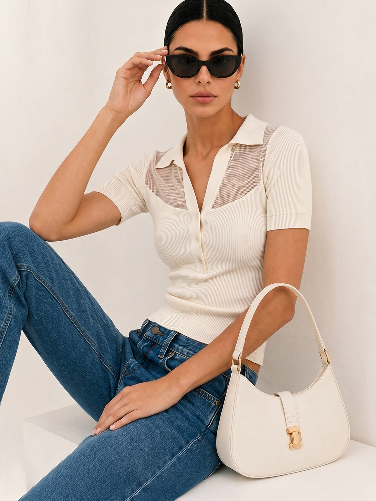 Sheer Panel Knit Top with Polo Collar