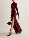 Pleated Jersey Dress with Stand Collar and Side Slit
