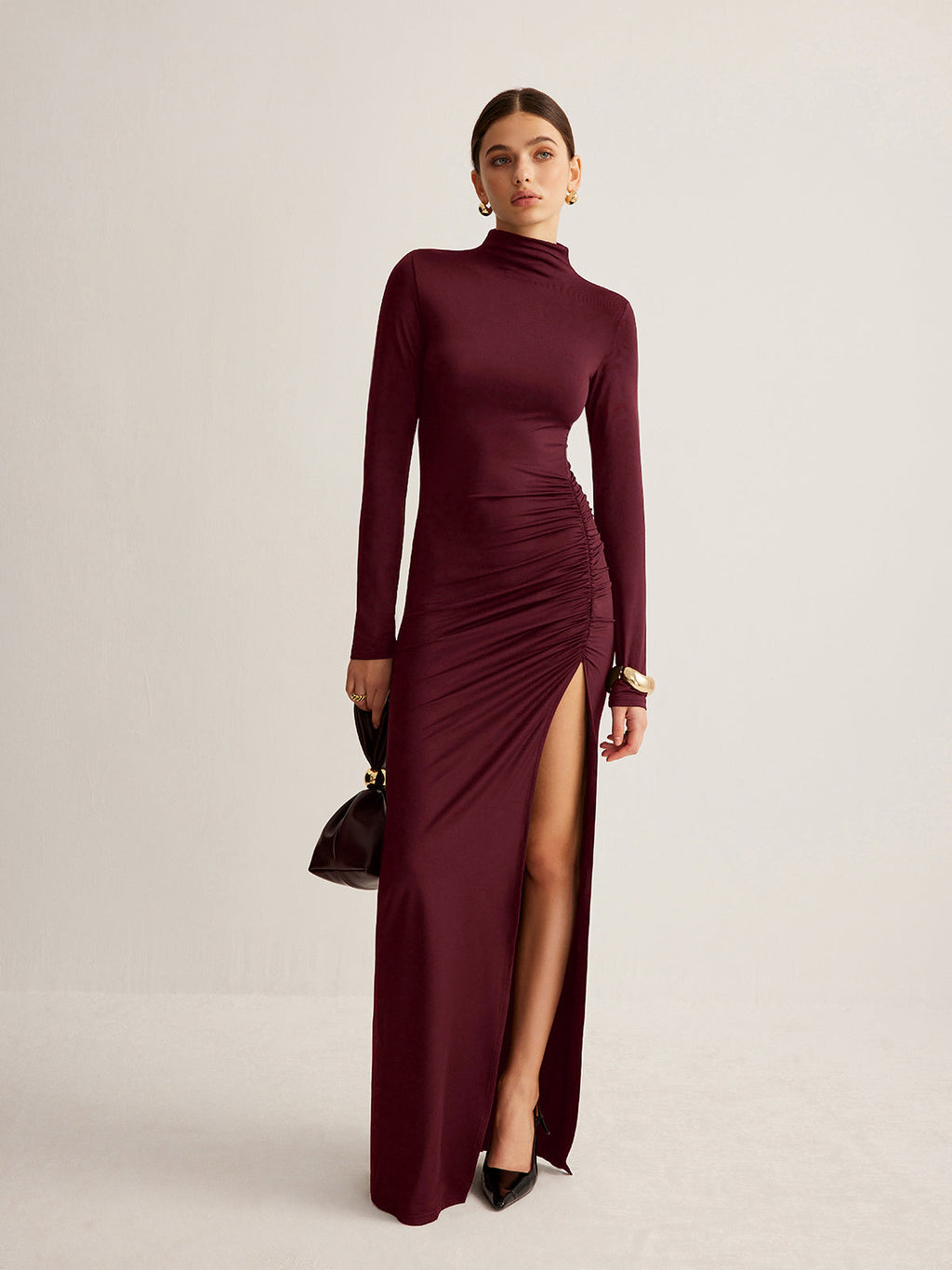 Pleated Jersey Dress with Stand Collar and Side Slit