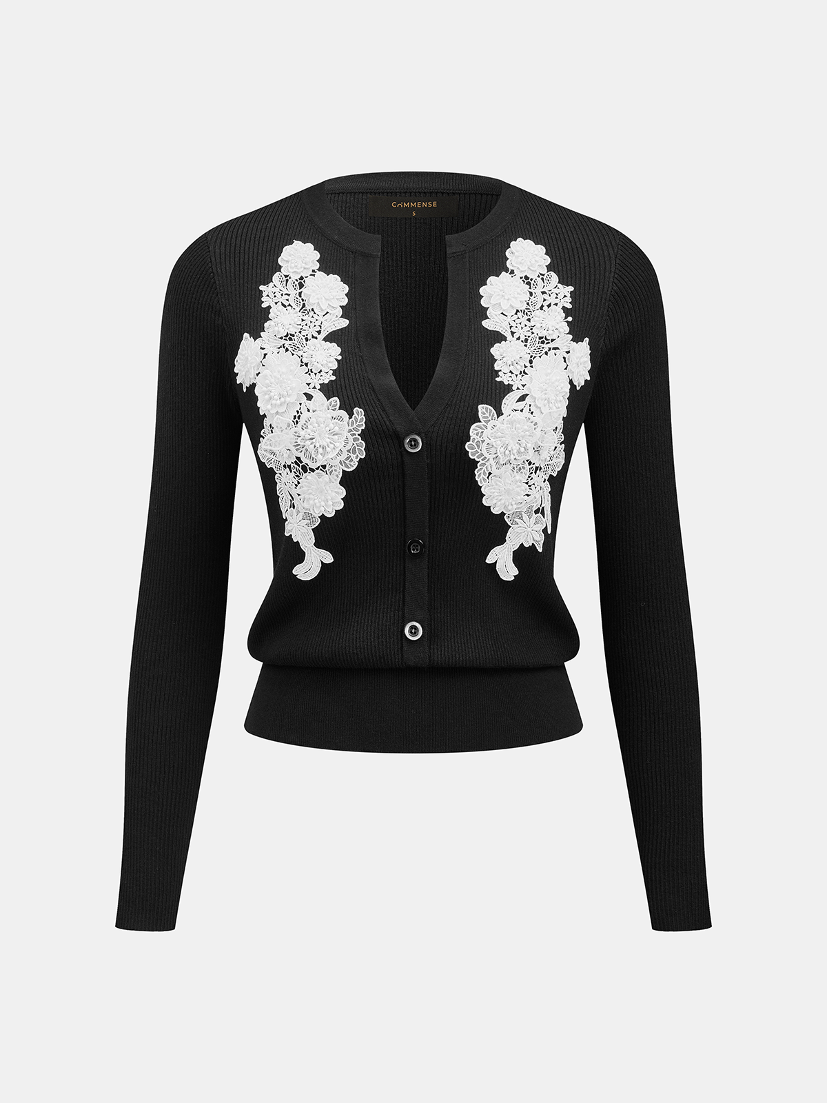 Lace Appliqué Ribbed Knit Cardigan with Floral Details