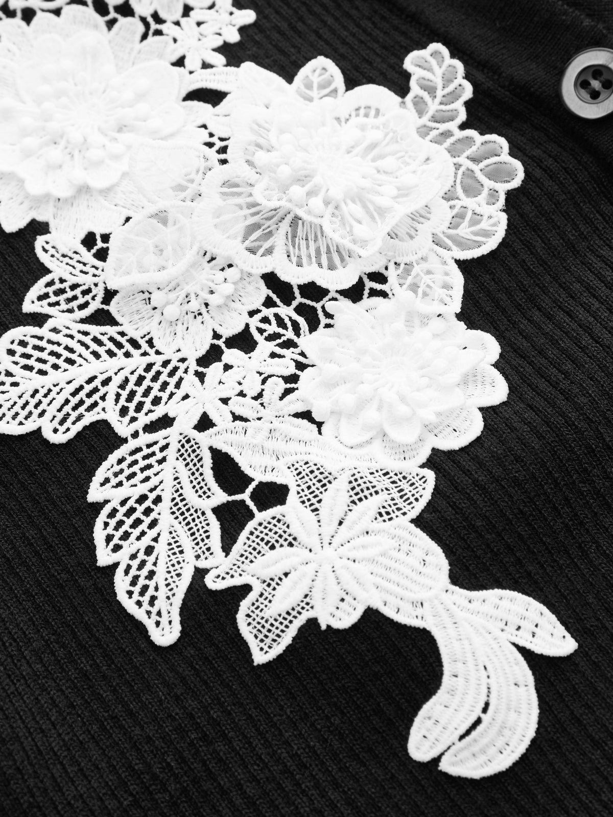 Lace Appliqué Ribbed Knit Cardigan with Floral Details
