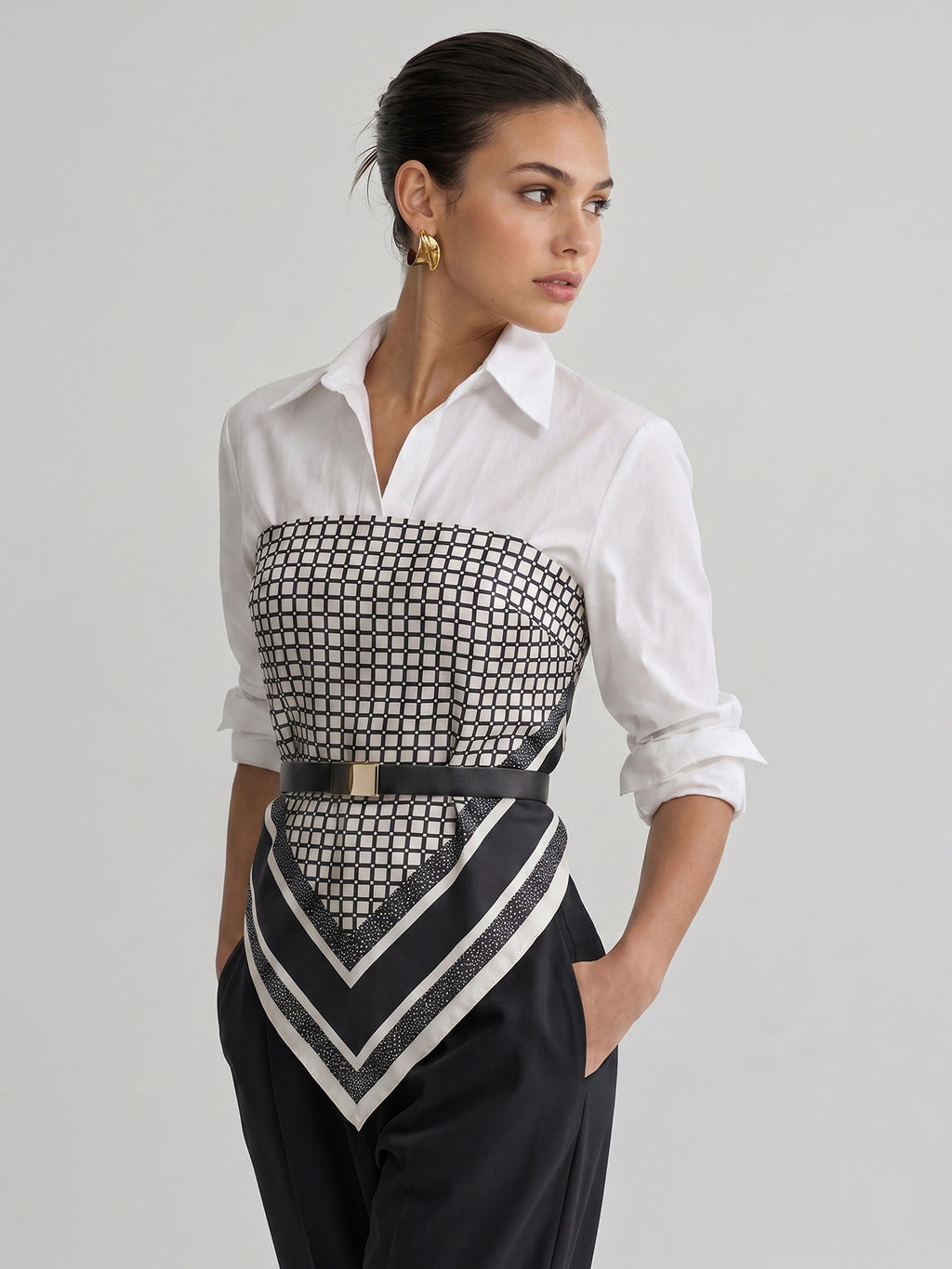 Belted Patchwork Shirt with Scarf Hem Detail