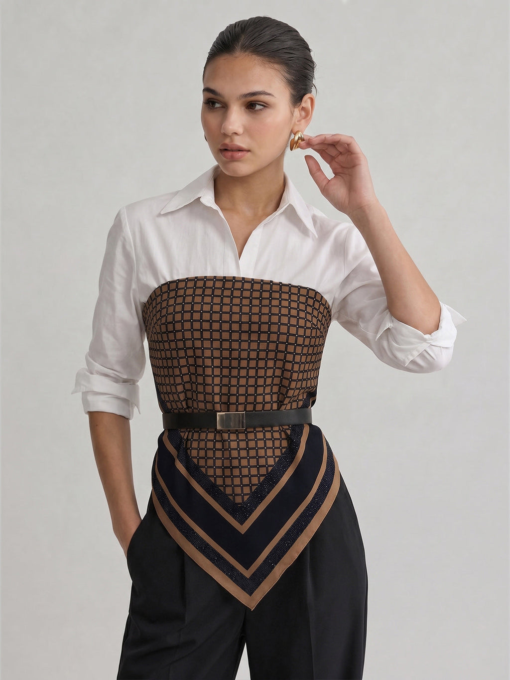 Belted Patchwork Shirt with Scarf Hem Detail