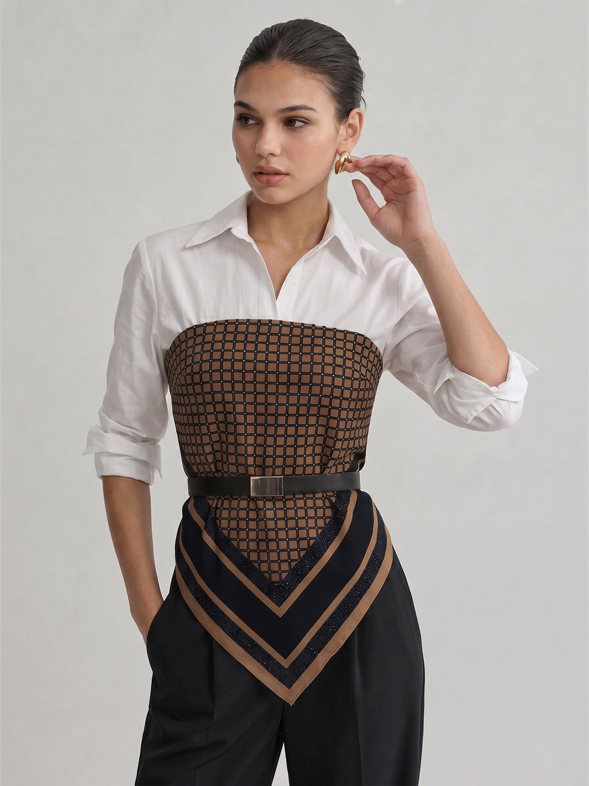 Belted Patchwork Shirt with Scarf Hem Detail