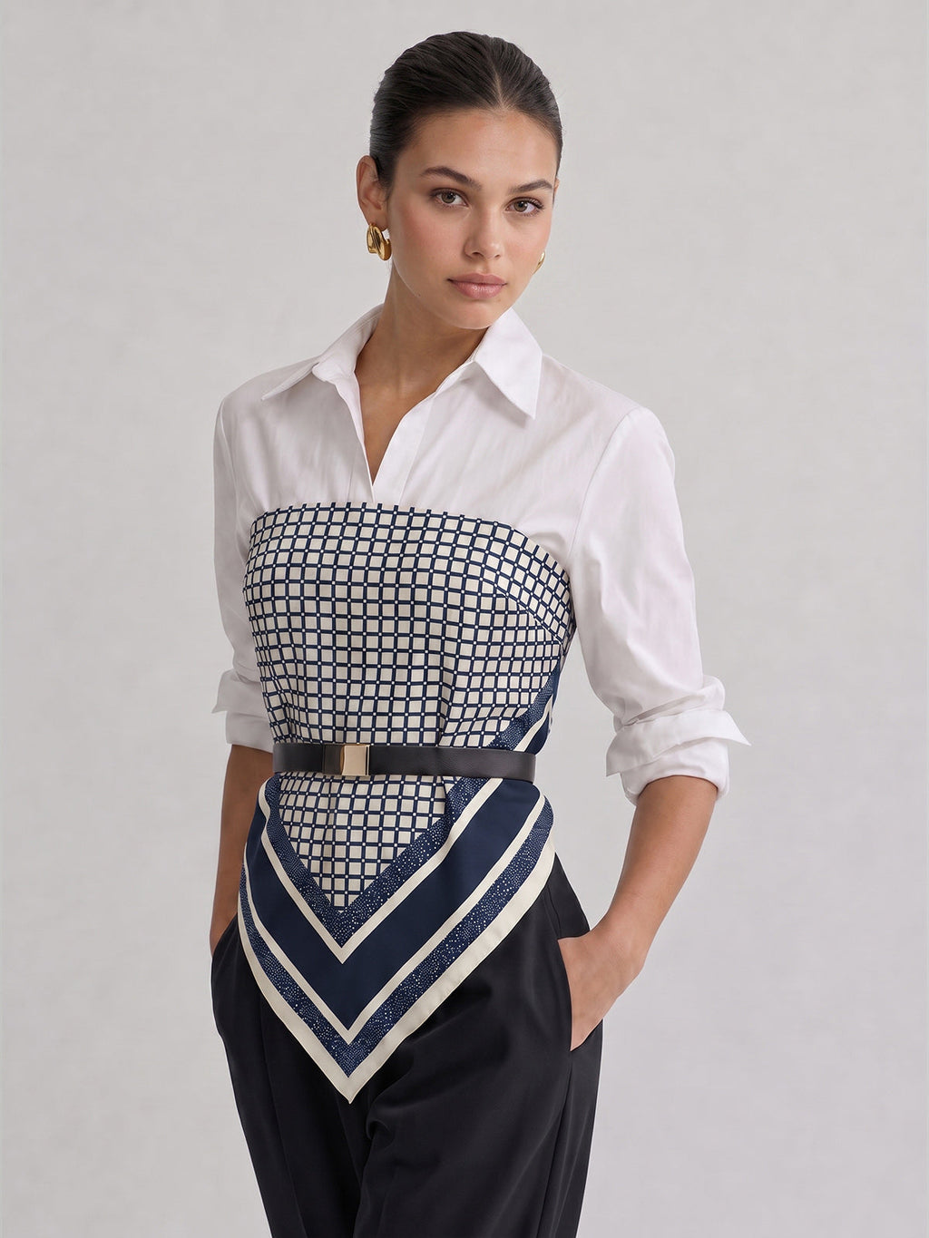 Belted Patchwork Shirt with Scarf Hem Detail