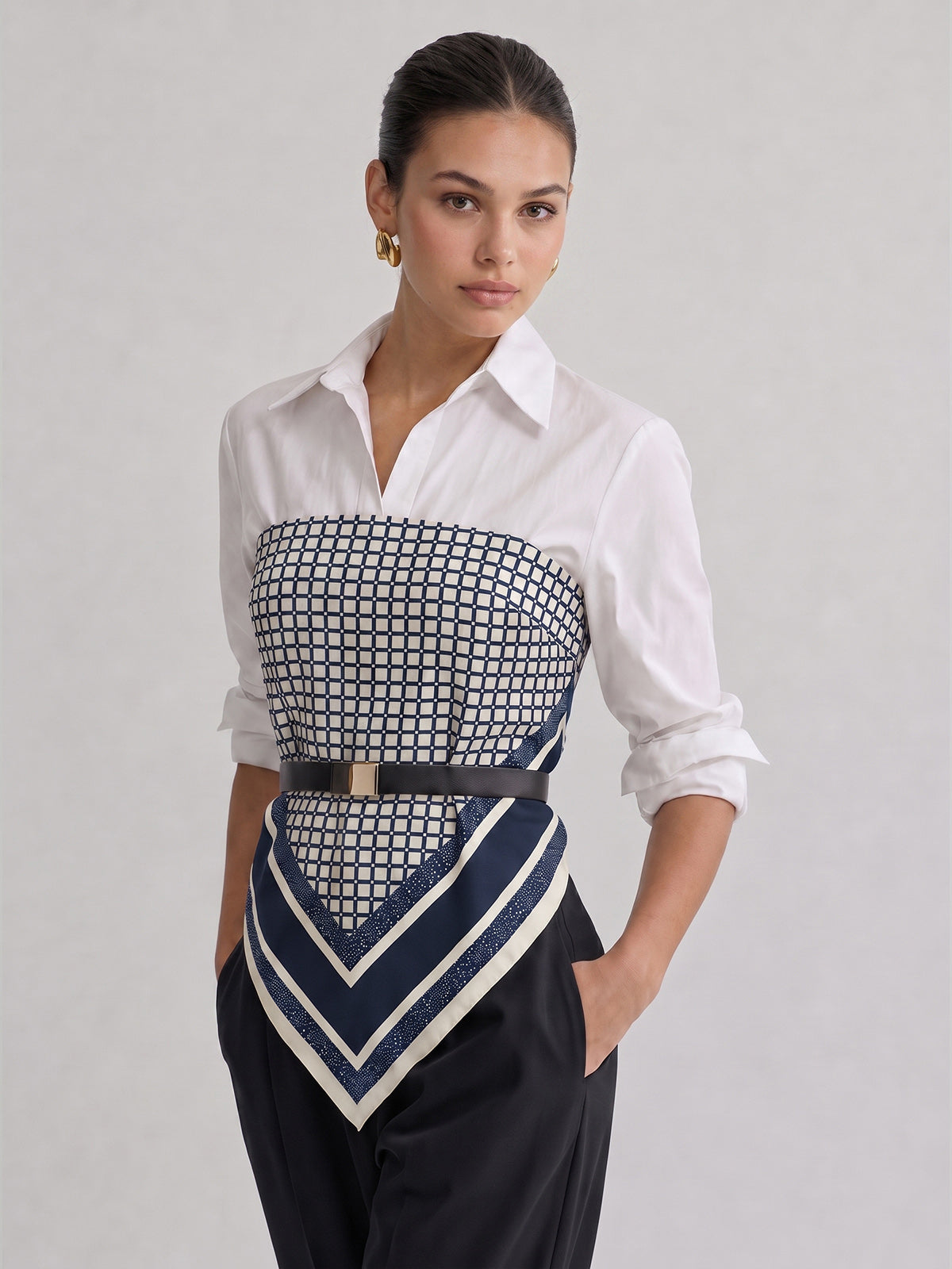 Belted Patchwork Shirt with Scarf Hem Detail