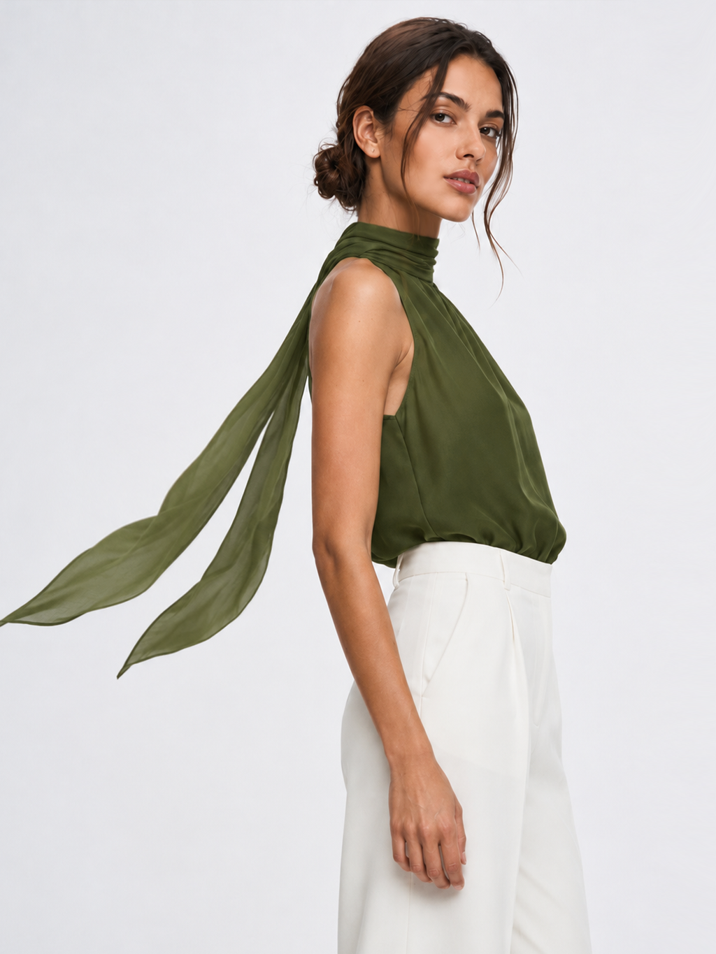 Chiffon Bodysuit with Flowy Ribbon Collar
