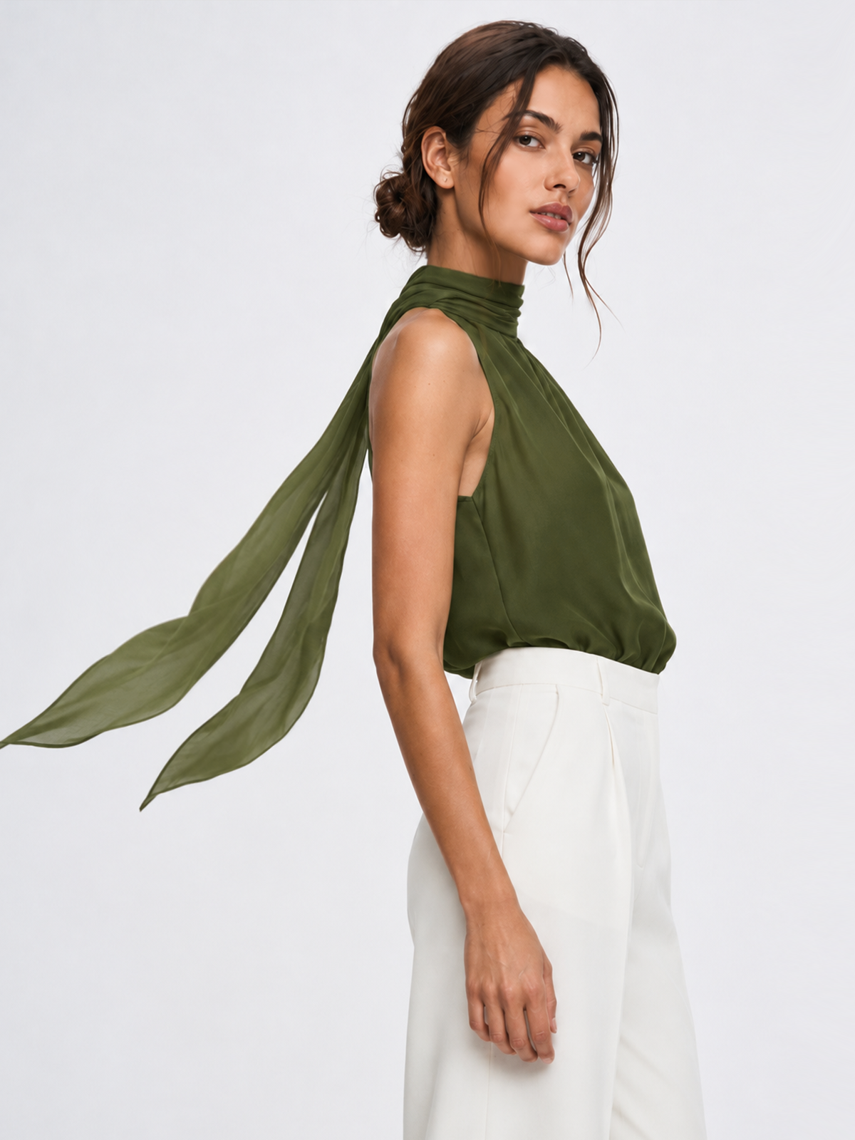 Chiffon Bodysuit with Flowy Ribbon Collar