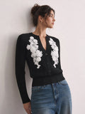 Lace Appliqué Ribbed Knit Cardigan with Floral Details