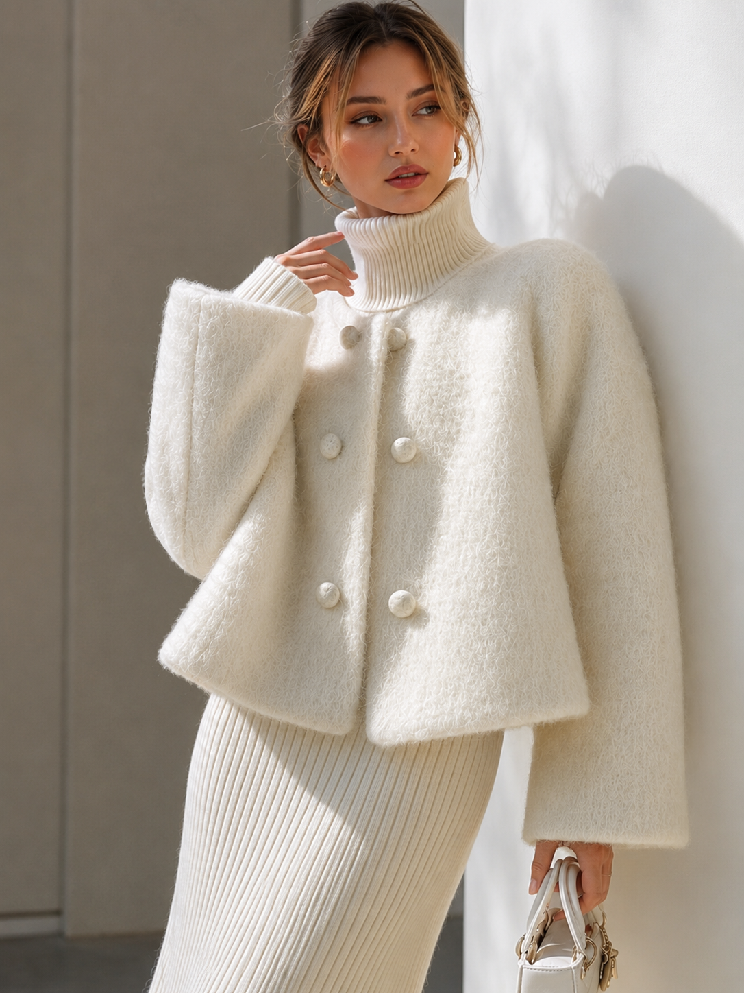 Cozy Fuzzy Wool Short Coat with Button Detail