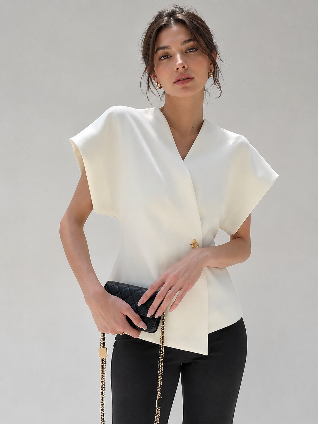 Chic V-Neck Button-Up Blouse with Tailored Fit